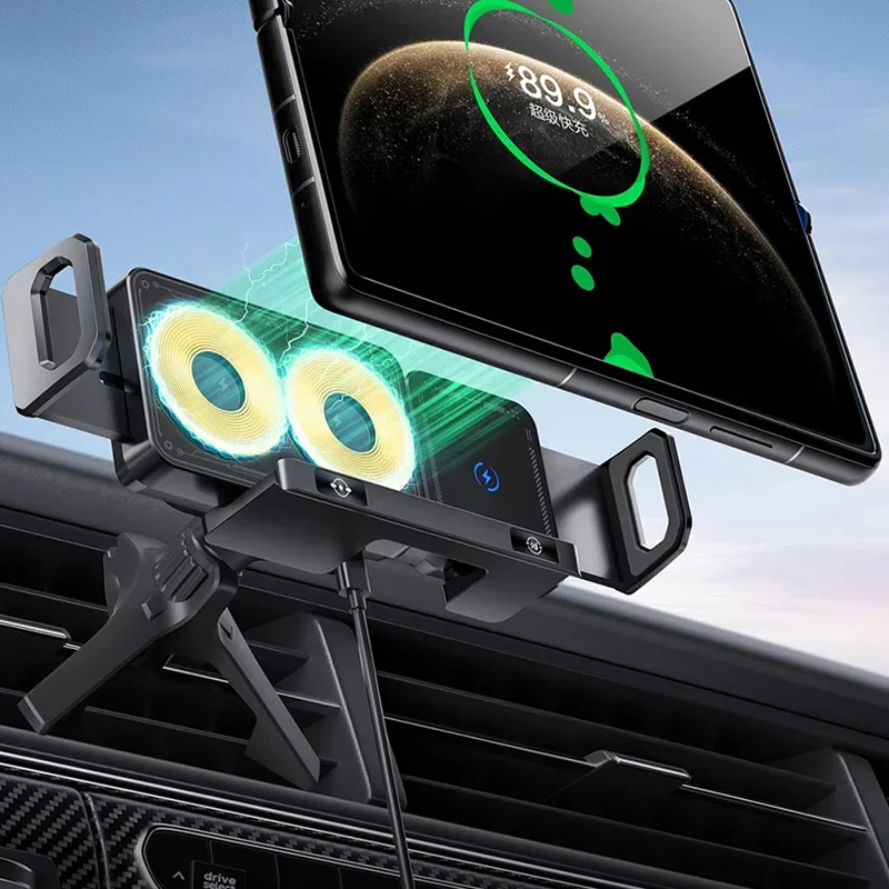 車載ワイヤレス充電器-ワンタッチ回転式-自動回転スマホホルダー-エアコン吹き出し口用-携帯電話マウント-スマートフォン-タブレット-折りたたみ式携帯電話対応