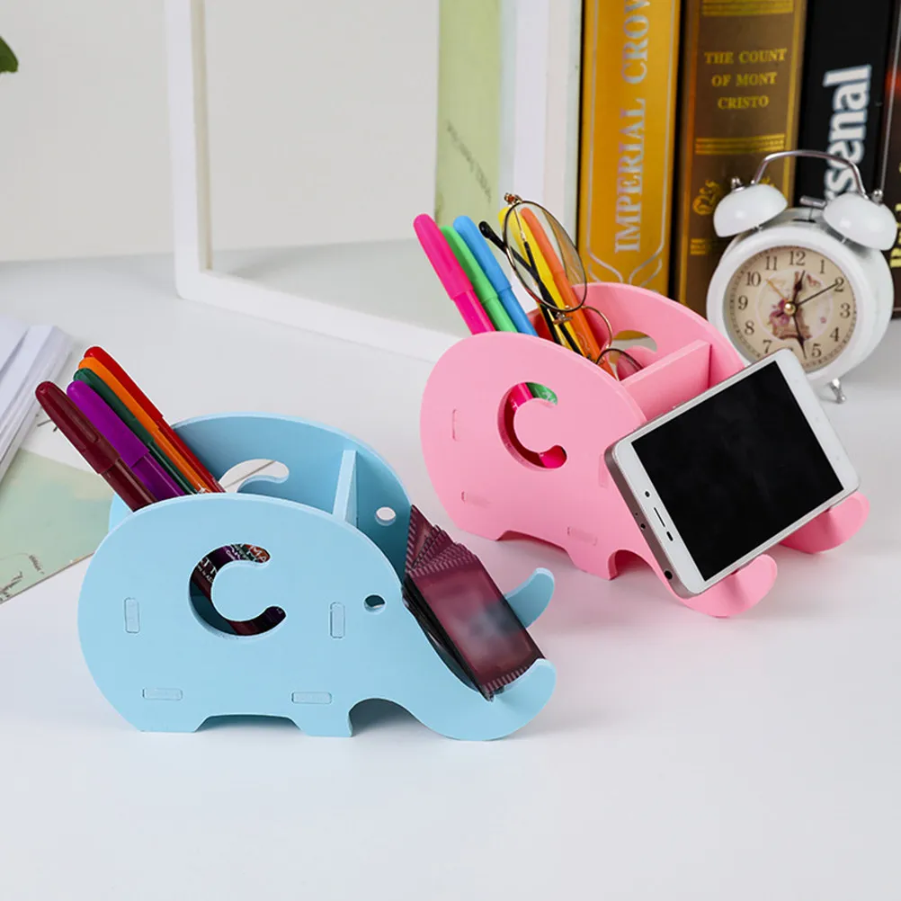 3Pcs Wood-Plastic Plate Elephant Shape Multi-Use Pen Holder Cellphone Mount Desk Organizer Storage Box Storage Box