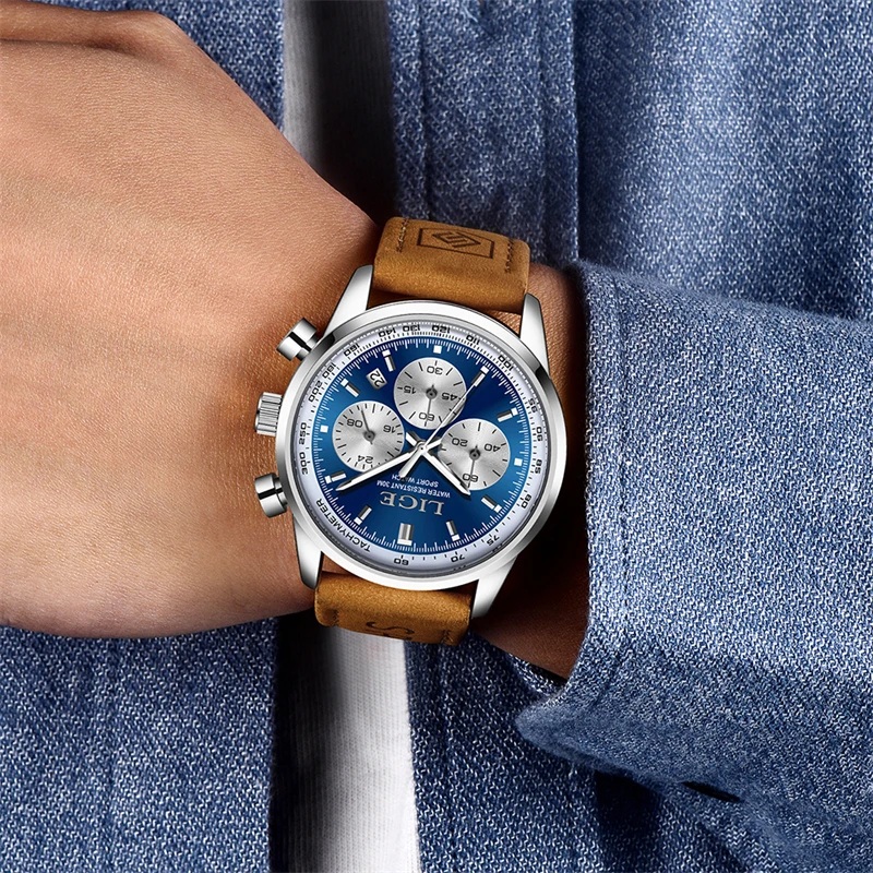 LIGE Fashion Brown Leather Watch For Men Military Sports Waterproof Men's Quartz Wristwatches Original Brand Luxury Men Watch