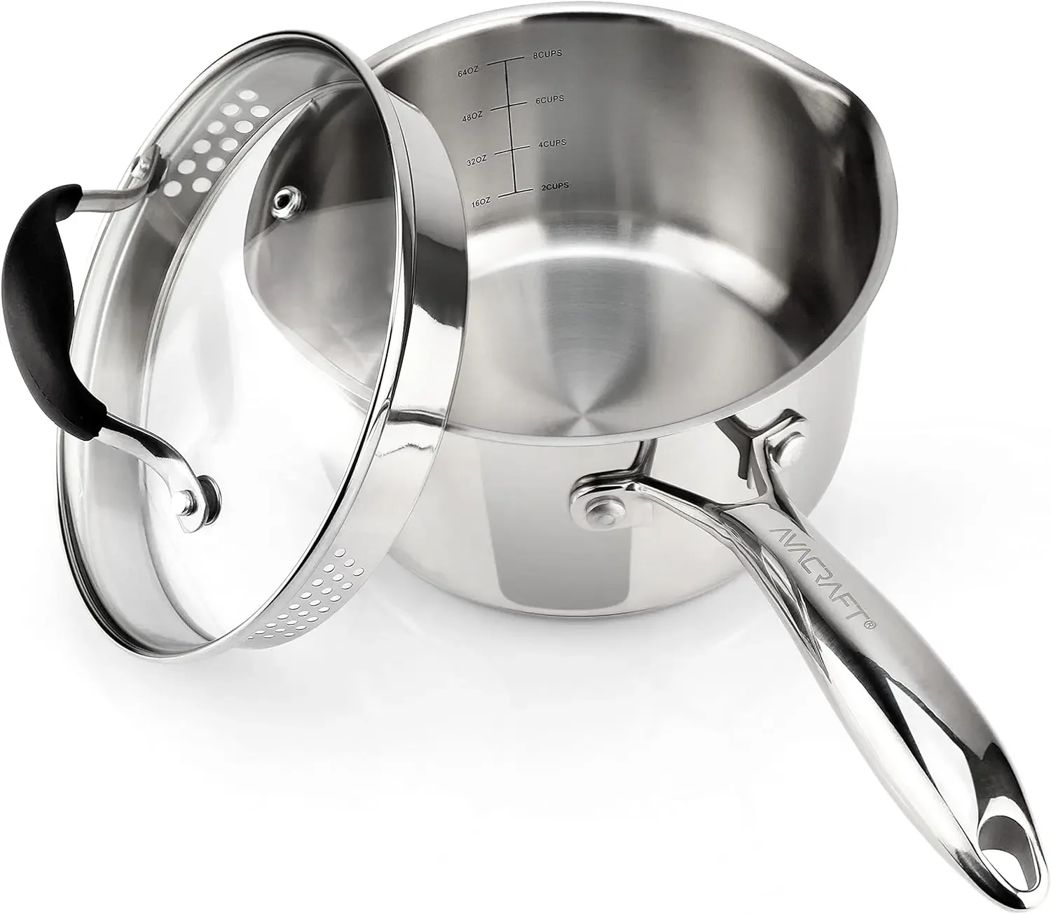 AVACRAFT Stainless Steel Saucepan with Glass Strainer Lid, Two Side Spouts for Easy Pour with Ergonomic Handle