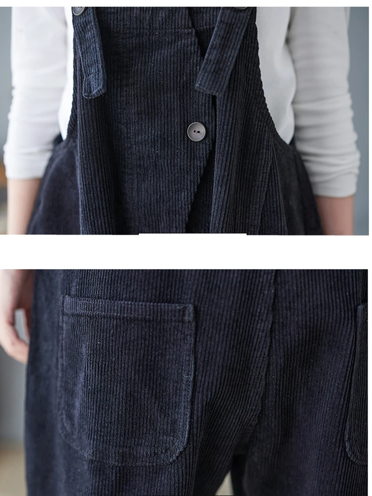 Winter Cotton Warm Corduroy Jumpsuits For Women Casual Streetwear Loose Wide Leg Overalls Big Size Rompers Straps Baggy Pants