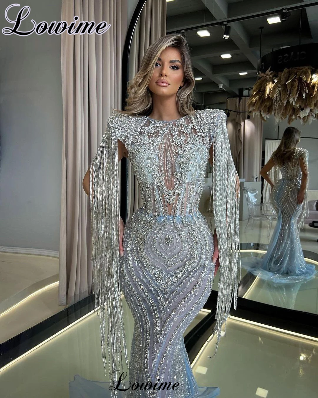 Full Crystals Mermaid Evening Dresses Luxury Beaded Celebrity Dresses With Tassels Prom Party Dresses 2023 Robes De Soirée