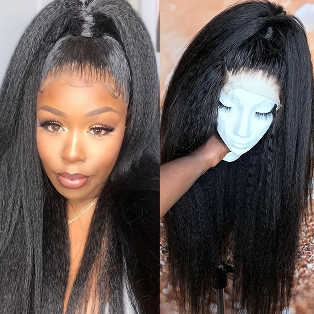 

Длинные черные синтетические парики Kinky Straight Yaki для женщин, для повседневного использования и вечеринок, парики с кружевной передней частью 13x4, с возможностью свободной расчески, предварительно выщипанные, без клея