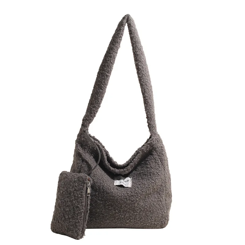 

New Autumn Winter Lamb Wool Tote Bag Niche Versatile Lazy Style Solid Color Commuting Women's Single Shoulder Crossbody Bag