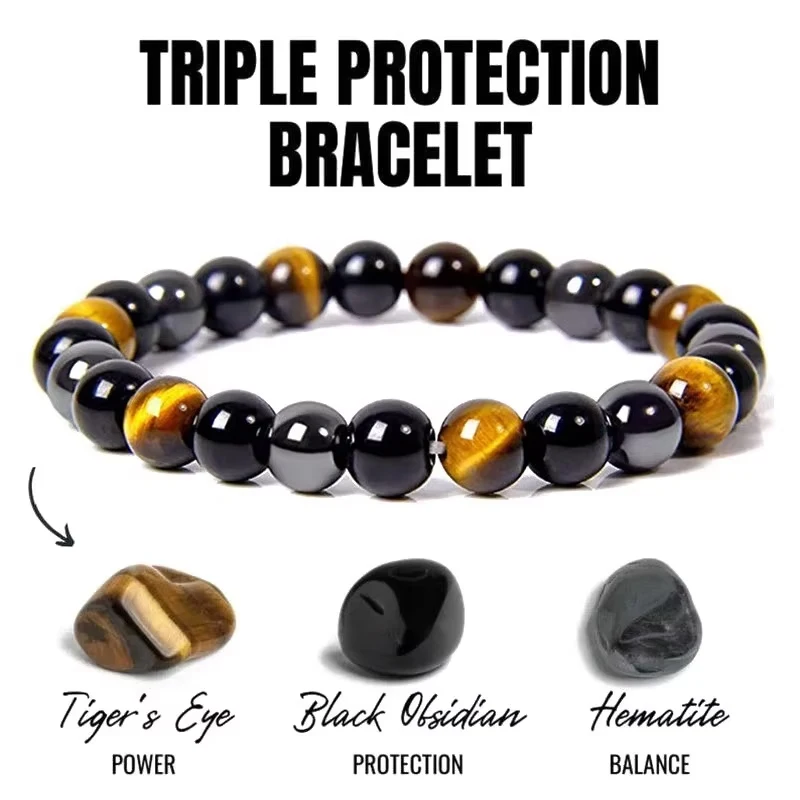 Natural Obsidian Hematite Tiger Eye Bracelet Magnetic Health Protection Soul Jewelry for Men and Women Triple ProtectionBracelet
