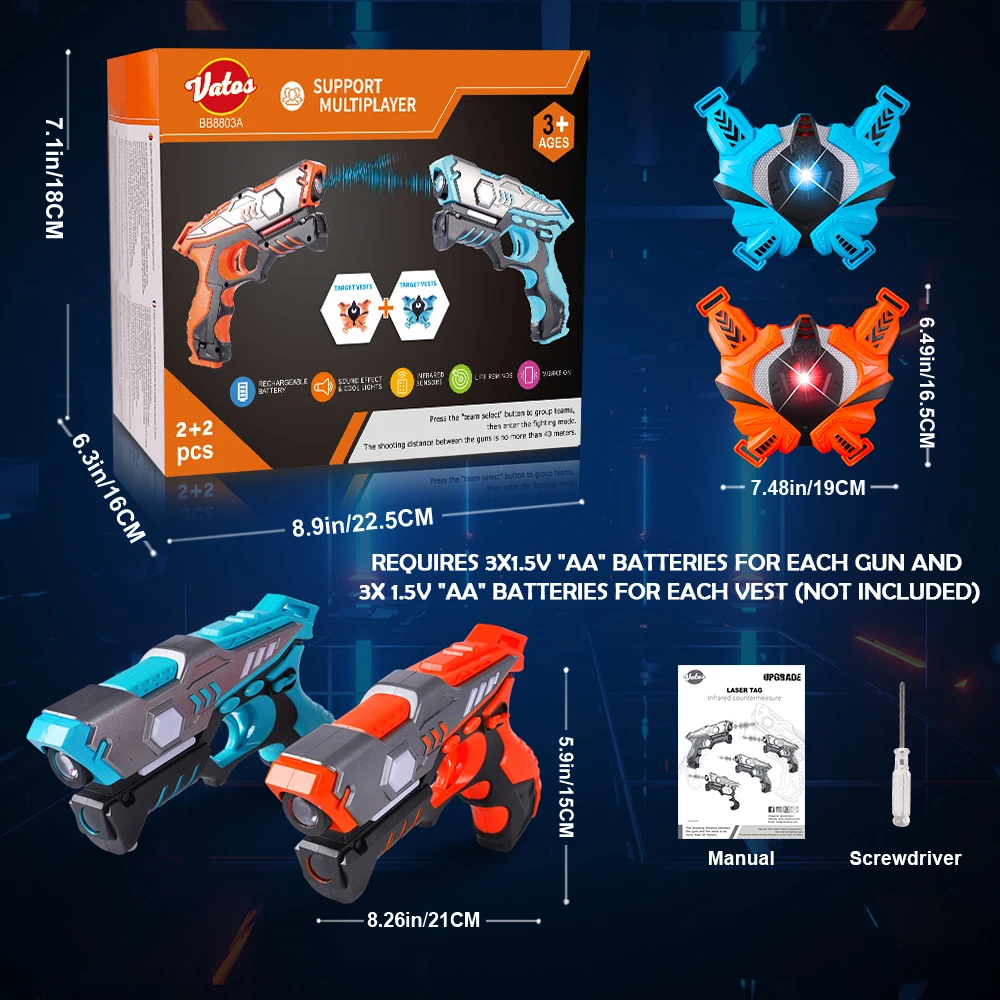VATOS Zestaw pistoletów laserowych na podczerwień z kamizelkami x2 dla dzieci i dorosłych Gra wewnętrzna Zabawa Zabawka Etykieta laserowa Prezent