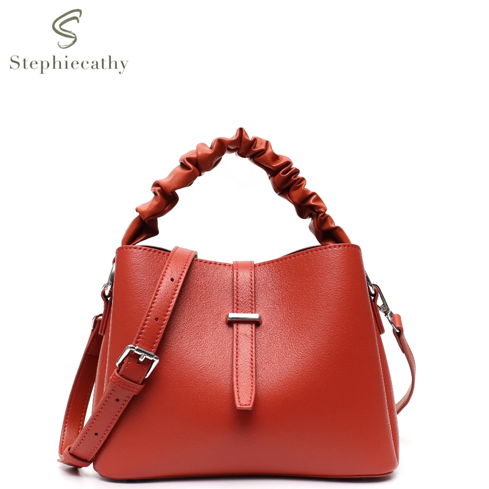 SC Women Genuine Leather Top-handle Bucket Handbags Fashion Brand Cowhide Crossbody Bag Pleated Handle Wide Strap Shoulder Purse