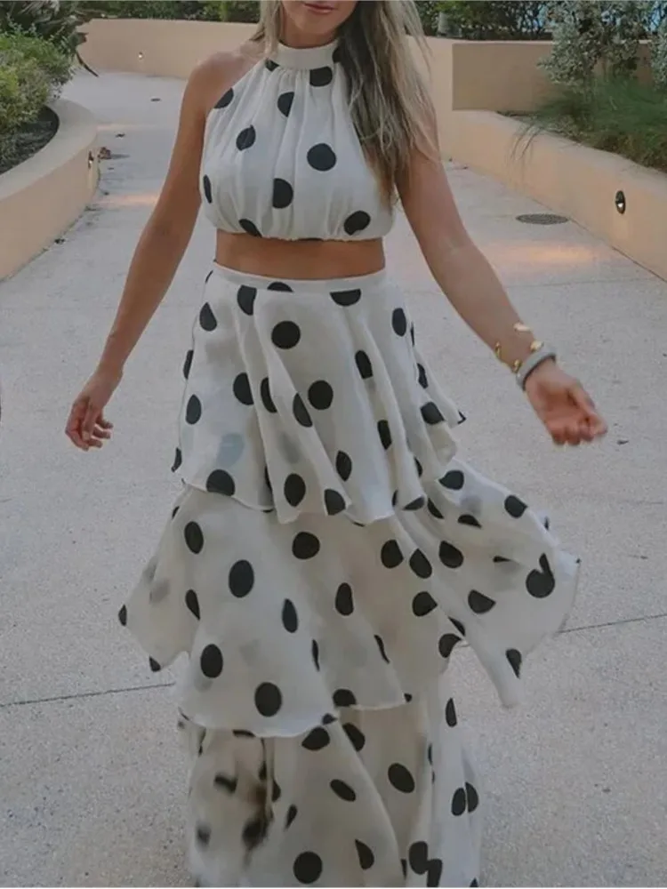 

Polka Dots Crop Top Skirts Set Woman 2025 New Summer Elegant Halter Sleeveless Vest+High Waist Ruffles A Line Long Skirt Sets