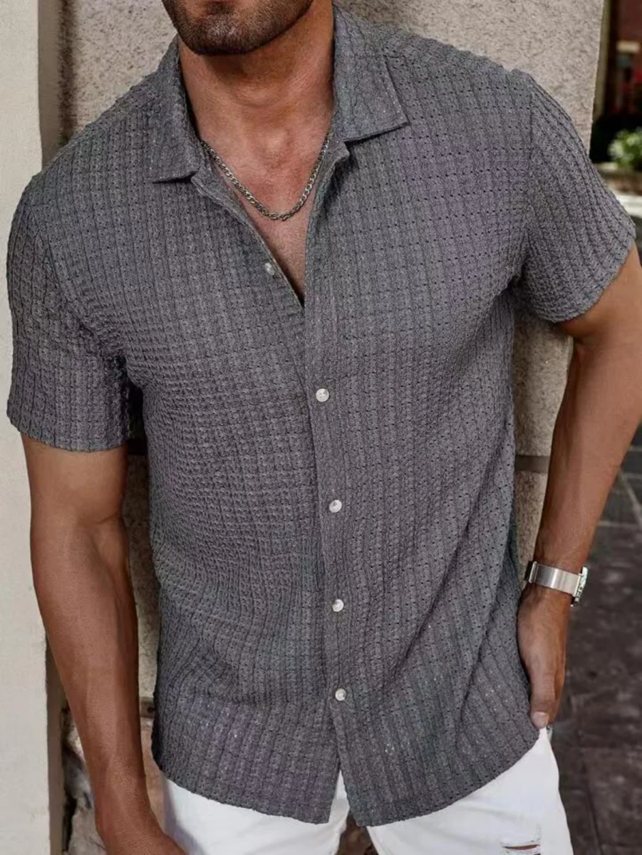2025 New Style Fashion Open-Weave Breathable Short Sleeve Shirt for Men in Summer, Pure Color Top