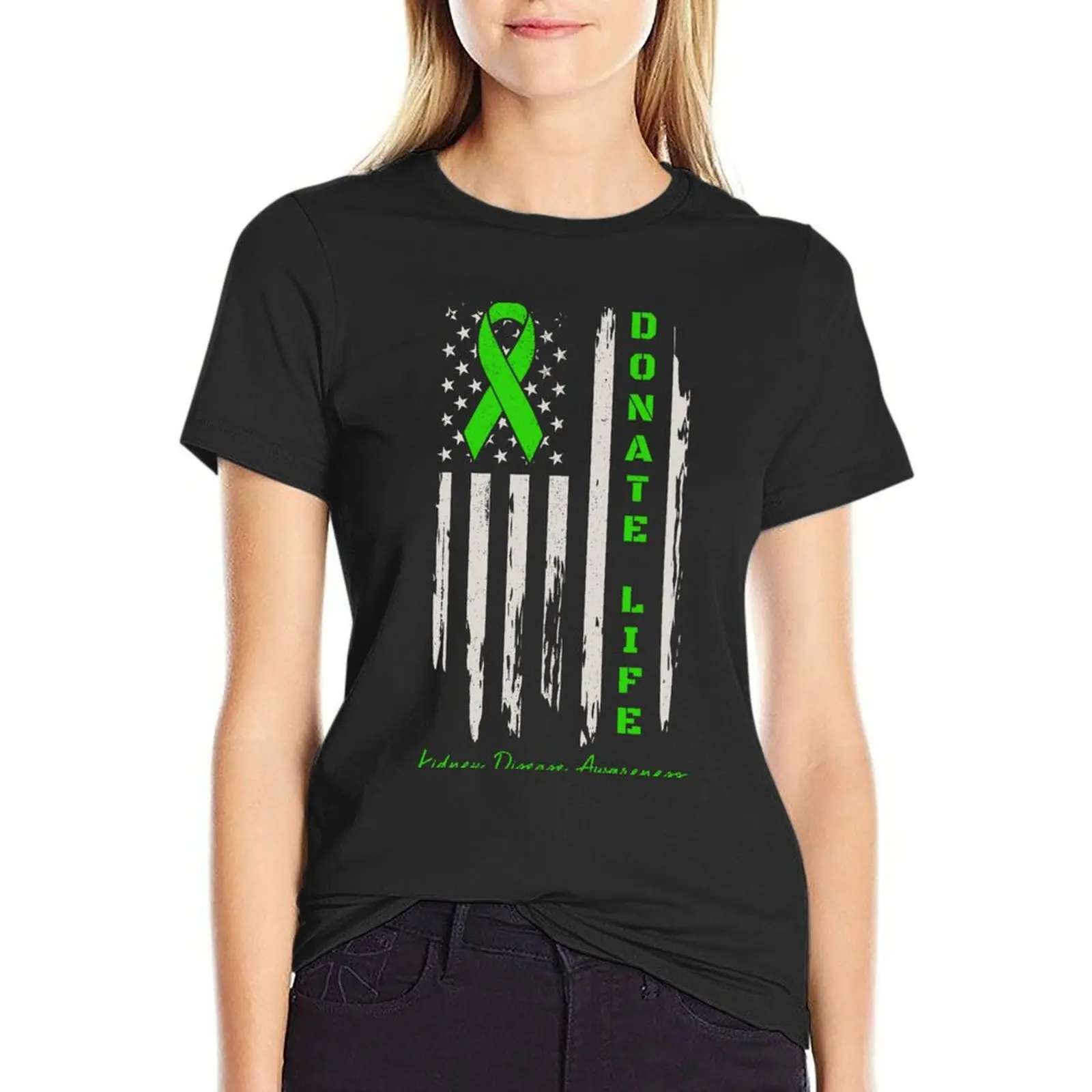 Distressed Vintage Donate Life USA Flag Organ Kidney Donor Ribbon T-Shirt female Female clothing tshirts woman