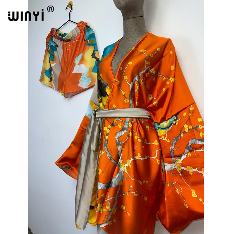 2022 WINYI beach dwuczęściowy garnitur artystyczny nadruk elegancka, długa rękaw trab sukienka kobiety elastyczne jedwabne piętro długość moda kimono