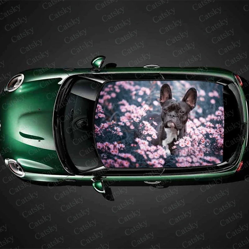 

Pink Flower Bulldog Animal Car Roof Sticker Wrap Racing SUV Accessories Packaging Painting PVC Car Accessories Graphic Decals
