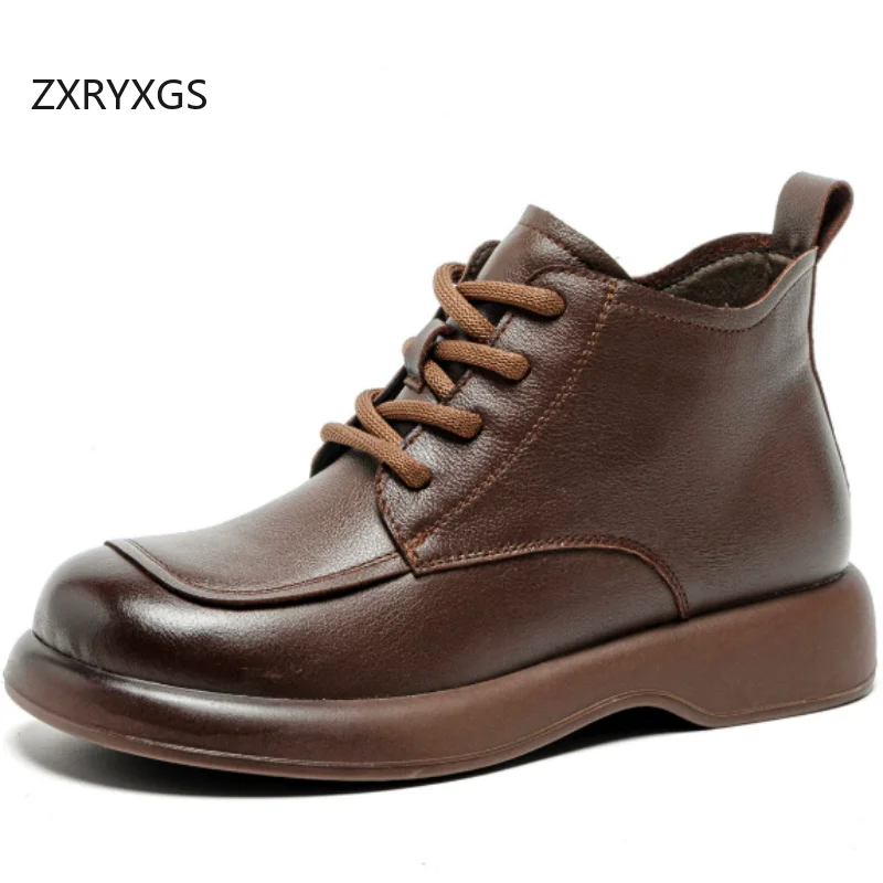 ZXRYXGS Cross Strap Top Layer Cowhide Ankle Boots 2026 New Trend Autumn Winter Boots Soft Sole Flat Boots Women Plus Size Shoes