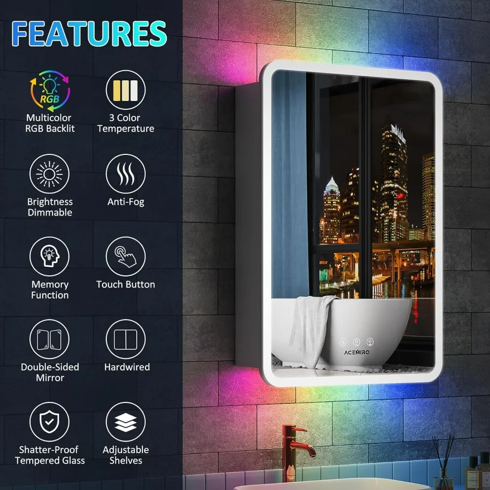 20×32 Inch Lighted Medicine Cabinet with Mirror, LED Bathroom Medicine Cabinet with RGB Backlit and Front Lighted, Defogger