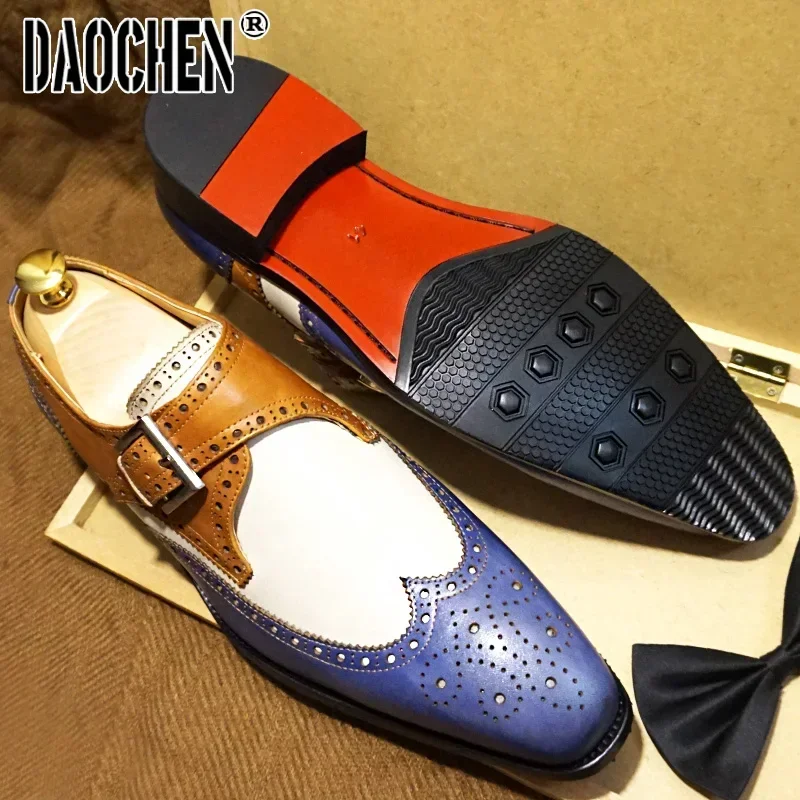 Luxury Brand Men\'s Genuine Leather Shoes Buckle Strap Loafers Casual Mens Dress Shoes Black Office Wedding Shoes For Men