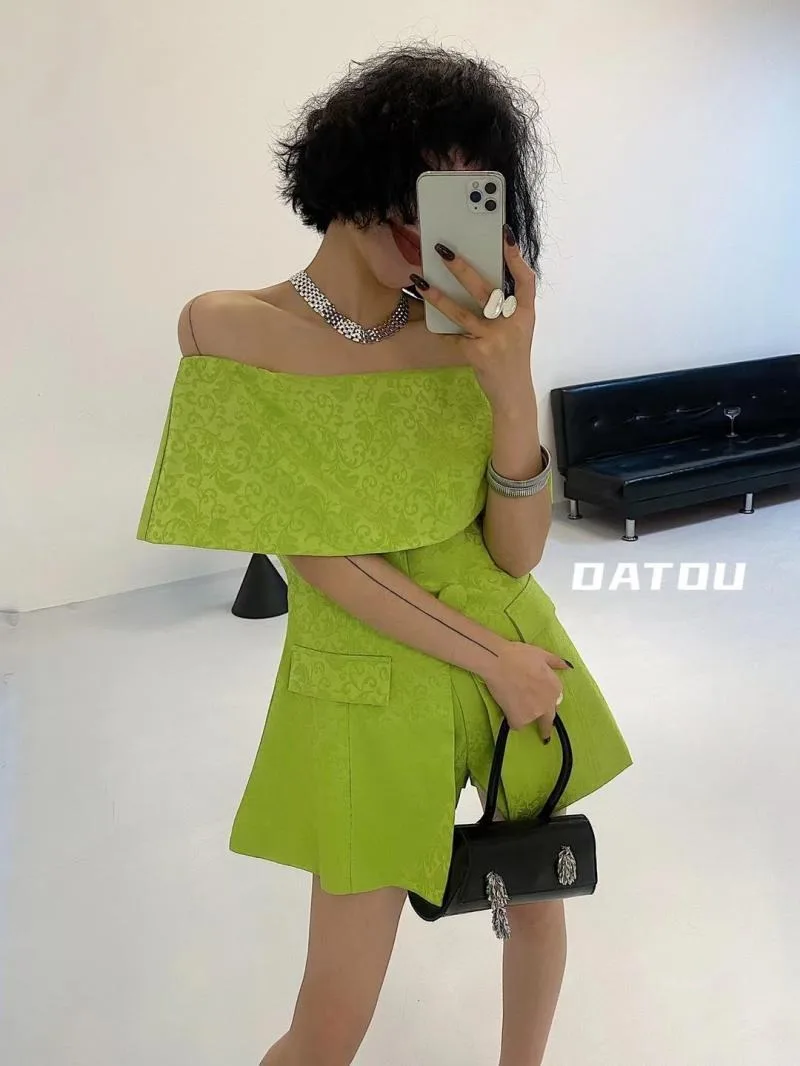 Shpmishal Summer Fashion New Versatile Print Waist Wrap Off Shoulder Split Top+High Waist Shorts Two Piece Set Female Clothing