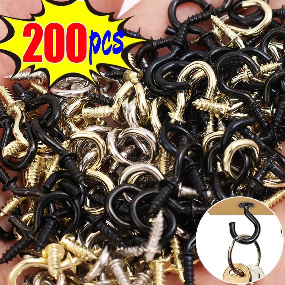 50/200PCS Mini Screws Hook Metal Screw Hooks Plant Ceiling Hanger Outdoor String Lights S Hook Multi-Purpose Key Storage Rack