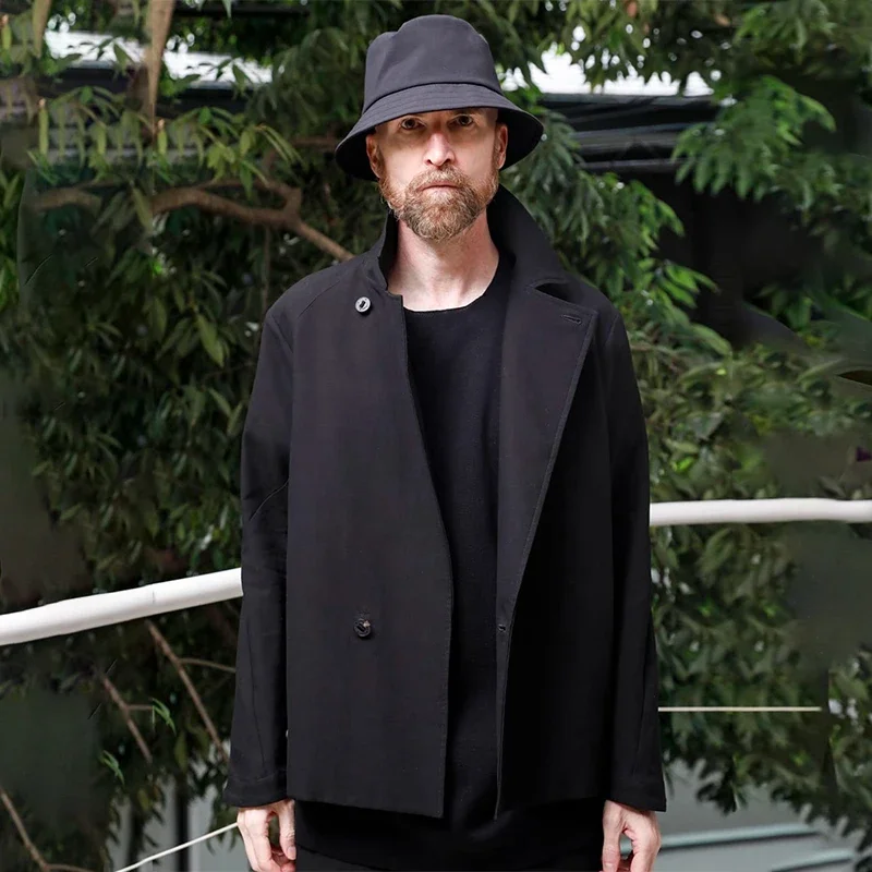 

YOJI OOAK Black cotton cargo jacket Designer Vintage single-breasted gentleman lapel casual coat for men