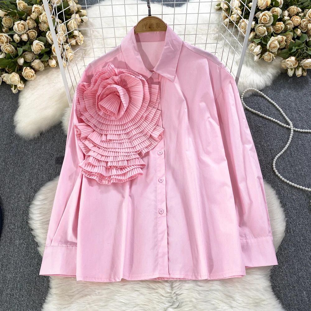 

Spring Autumn Women's Casual Top Fashion Long Sleeved Sweet Pleated Patchwork Three-dimensional Large Flower Loose Blouse