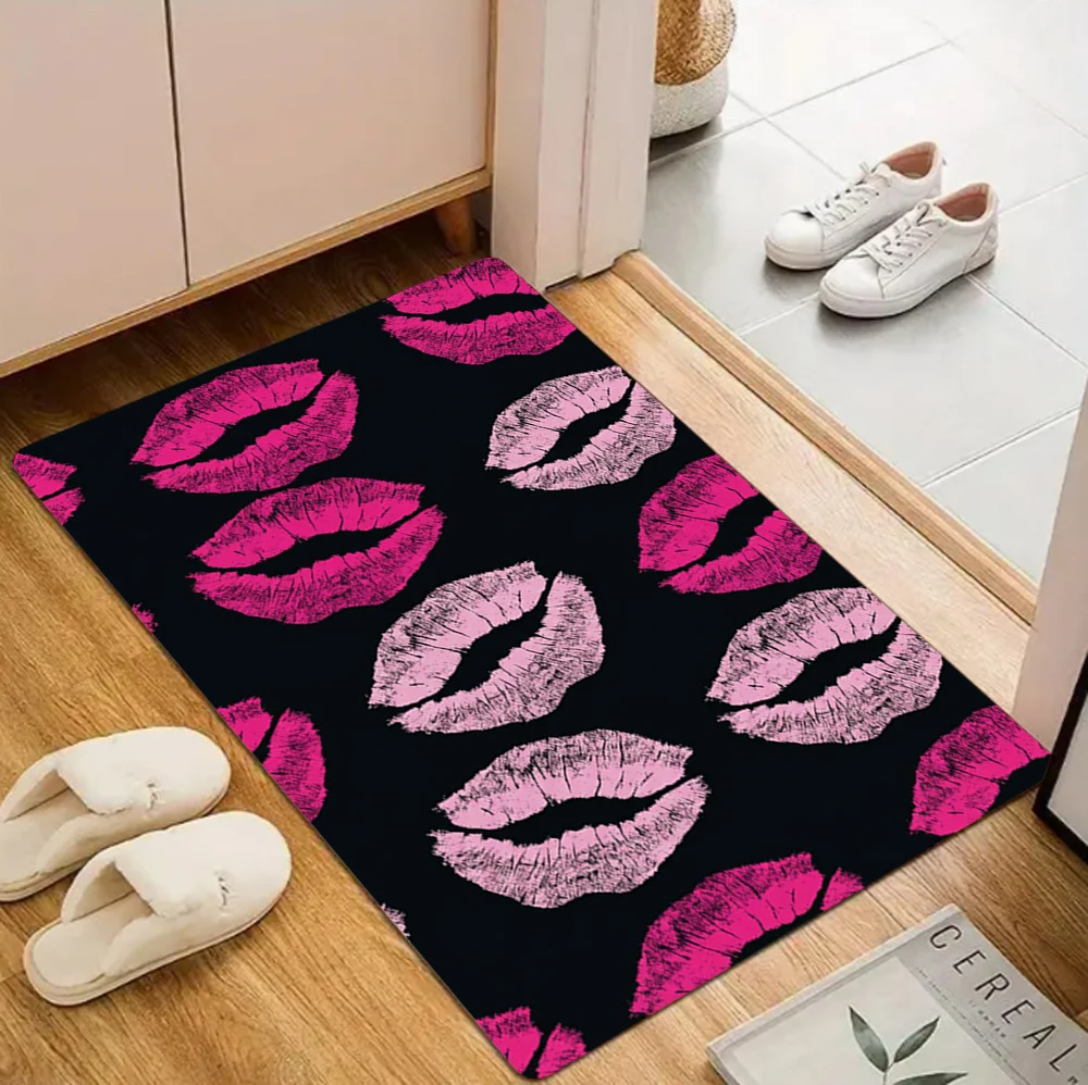 Fußmatte mit modischem Lippendruck, schwarz, rosa Kussmuster, rutschfester Eingangsteppich, moderne Retro-Willkommensmatte für Schlafzimmer und Wohnzimmer