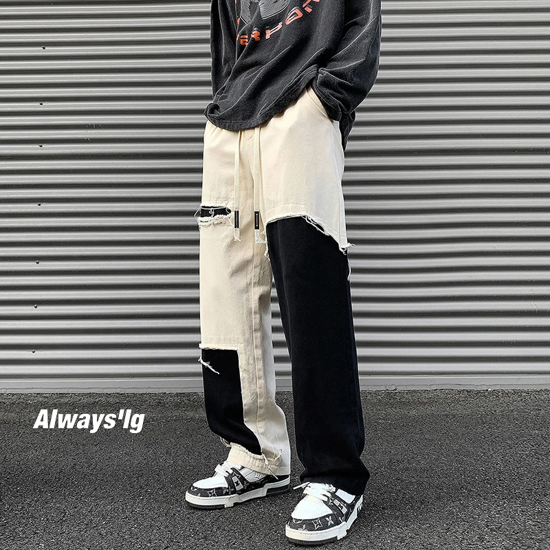 College Style Men's Patchwork Trousers Loose Casual Fashion Man Jeans Hip Hop Street Straight Leg Pants