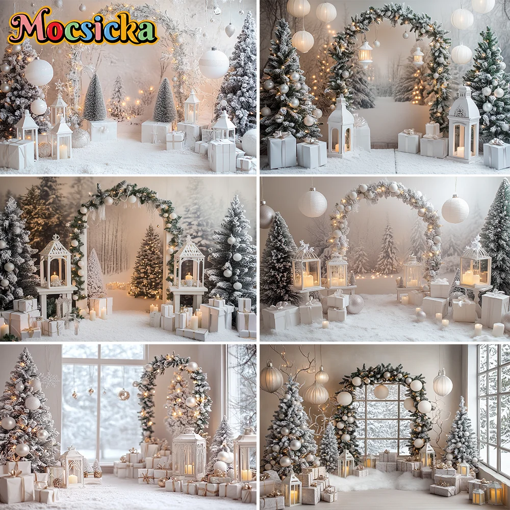 

White Christmas Photography Backdrop Pine Trees Arch Window Door Curtain Decor New Year Background Studio Accessories
