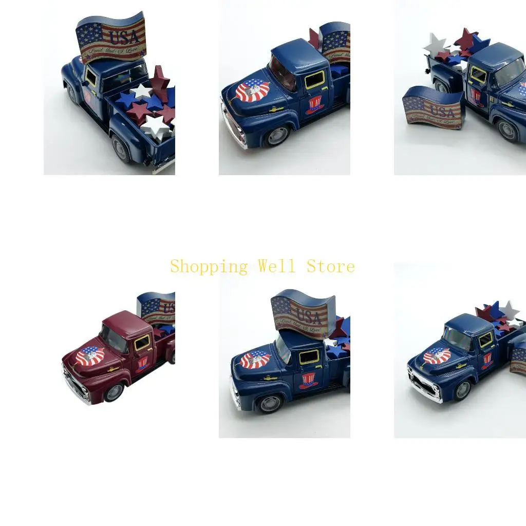 KX4B Metal Pickup Truck Model With American Flag Sign And Star Patriotic Home Decors