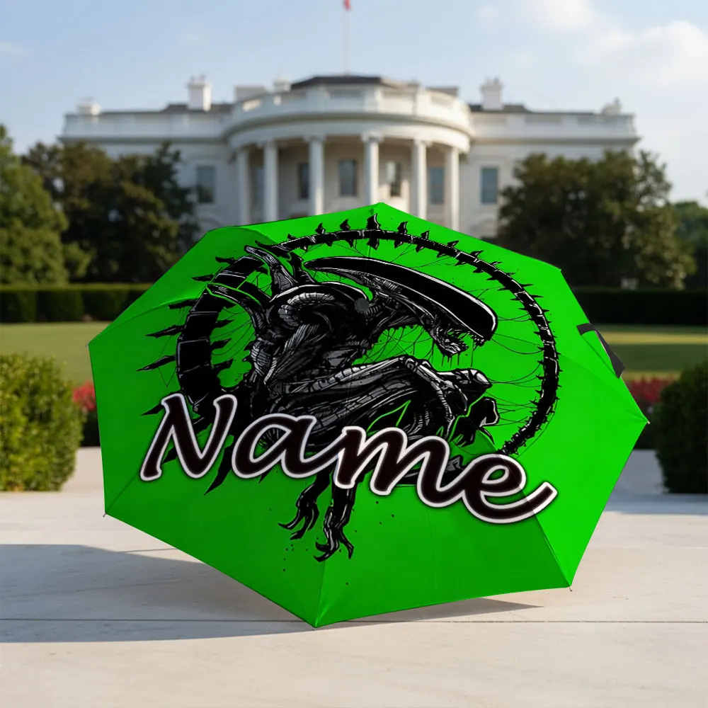 Custom Name Umbrella Sci‑Fi Alien Creature Print Folding Umbrella Compact Portable Travel Parasol