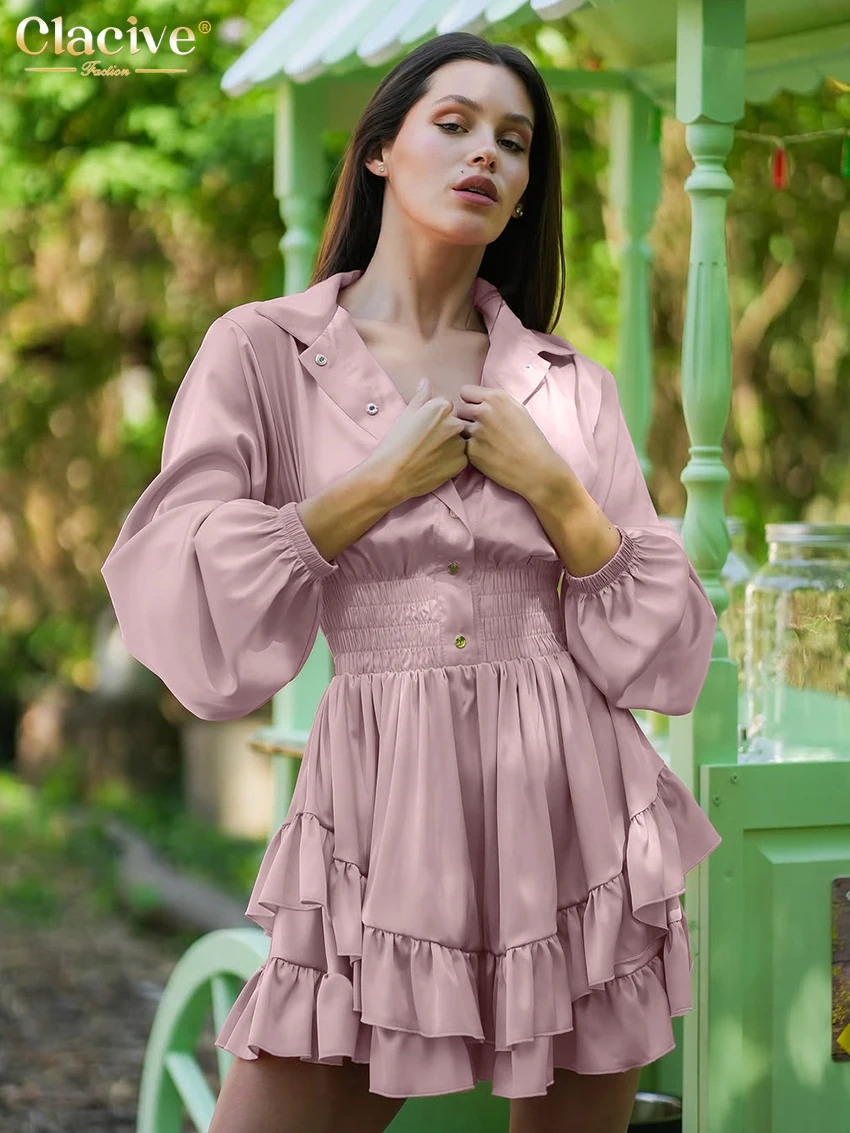 

Clacive Fashion Loose Pink Satin Women's Dress 2025 Casual Lapel Long Sleeve Mini Dresses Elegant Classic Pleated Female Dress