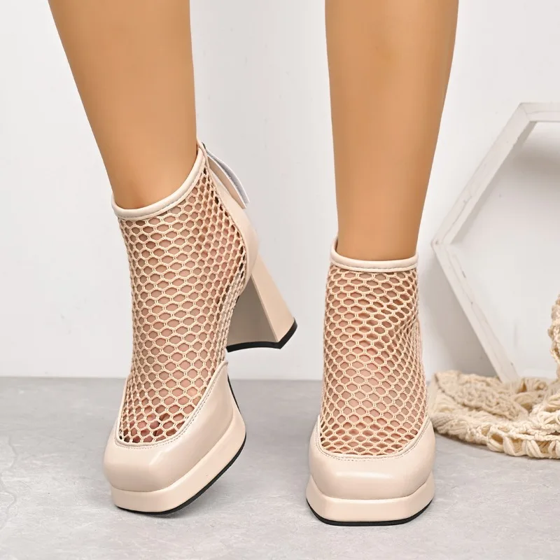 أحذية تبريد شبكية قابلة للتنفس، أحذية عصرية بمقدمة مربعة وسحاب خلفي، أحذية بكعب غير قابلة للانزلاق #5