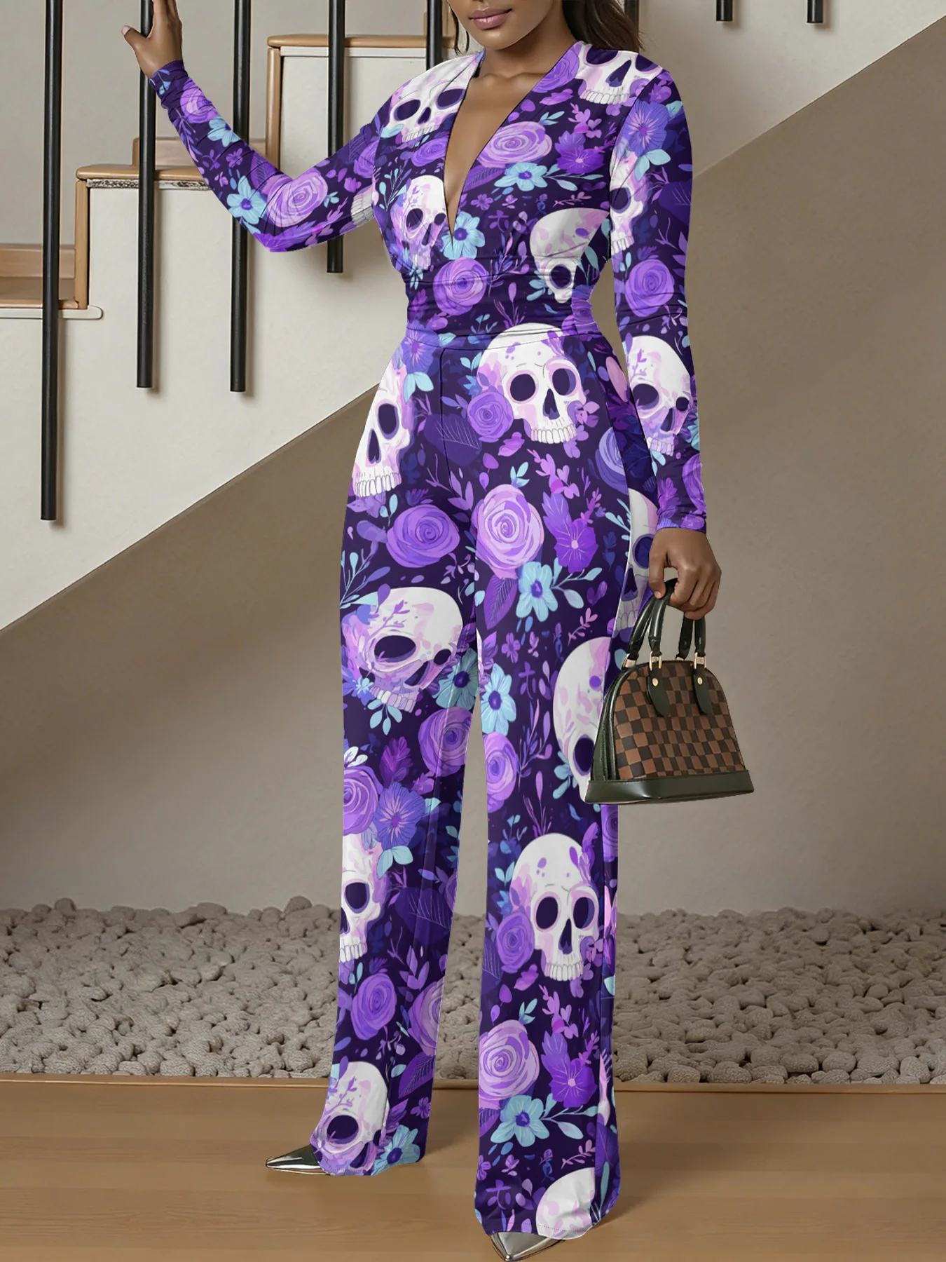 Macacão justo de manga comprida com decote em V, ideal para o outono, feminino, elástico, peça única, para a primavera, roupa de rua de luxo, para fes