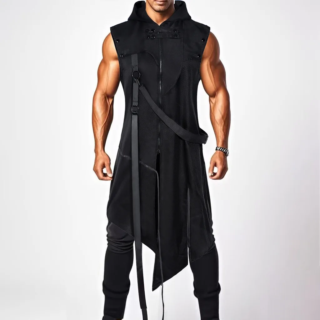 Futuristic Cyberpunk Techwear For Men - Sleeveless Hooded Long Vest Asymmetrical Black Coat With Straps Streetwear
