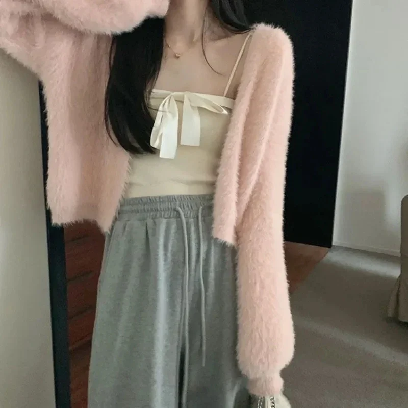 Tender Cardigan Women Crop Solid Korean Style Fluffy Sweater All-match Outwear Pure Female Fashion Daily Slouchy Knitwear New