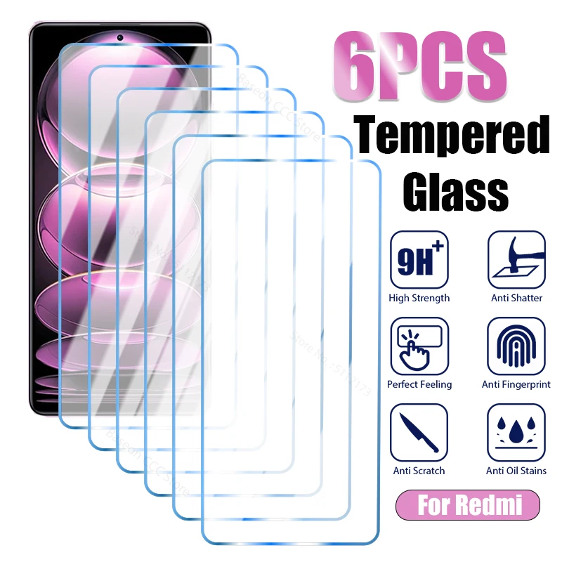 6PCS Tempered Glass For Xiaomi Redmi Note 12 11 Pro Plus 5G 12S 10 Pro 9 8 11S 10S Screen Protector for Redmi 12C 10C 9A 9Tglass