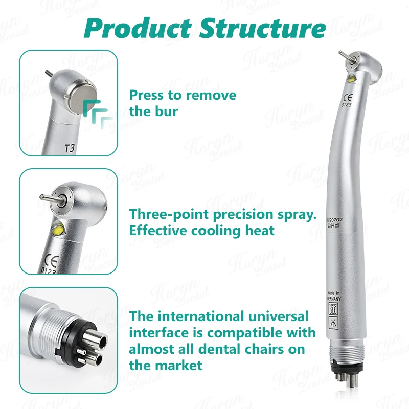 치과용 LED 고속 핸드피스, 표준 빅헤드, 자가 동력 공기 터빈, E 발전기, 45 도, 2/4 홀, T3