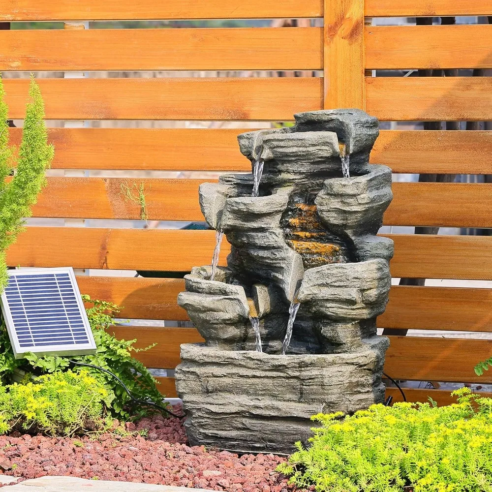 6 Tier Cascading Rock Solar Water Fountain Outdoor Garden Waterfall Decor for Garden Porch and Home Art Decor Outdoor Fountain