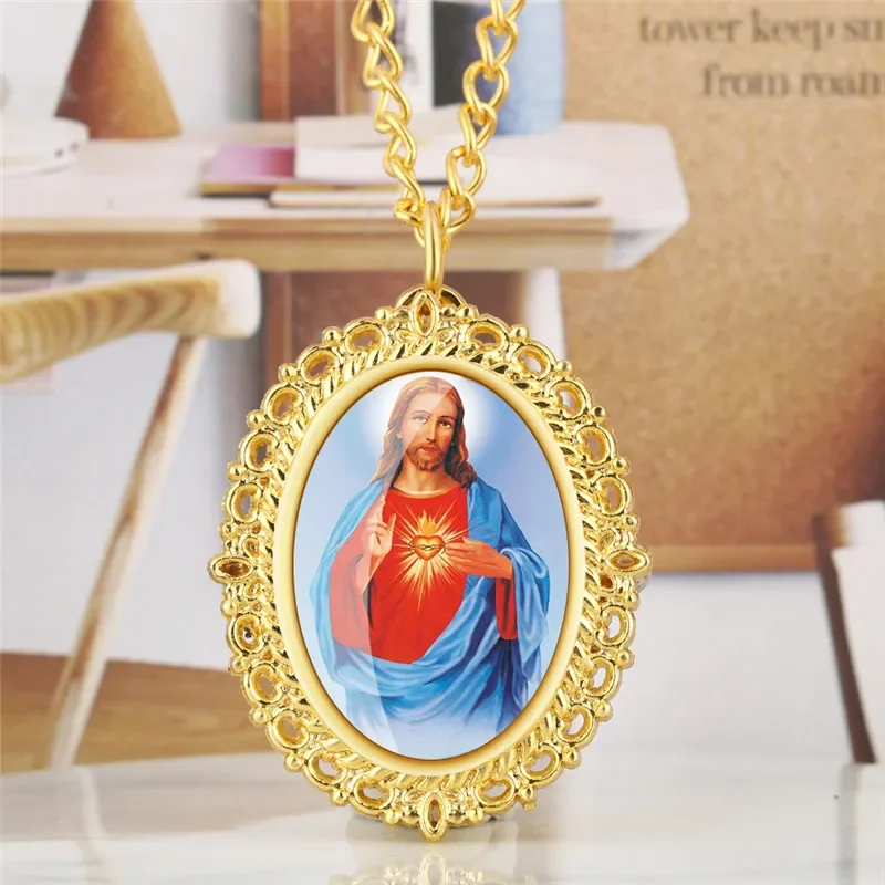 

Classic Yellow Golden Jesus Design Oval Shape Unisex Pendant Quartz Pocket Watch Full Hunter Clock with Sweater Necklace Chain