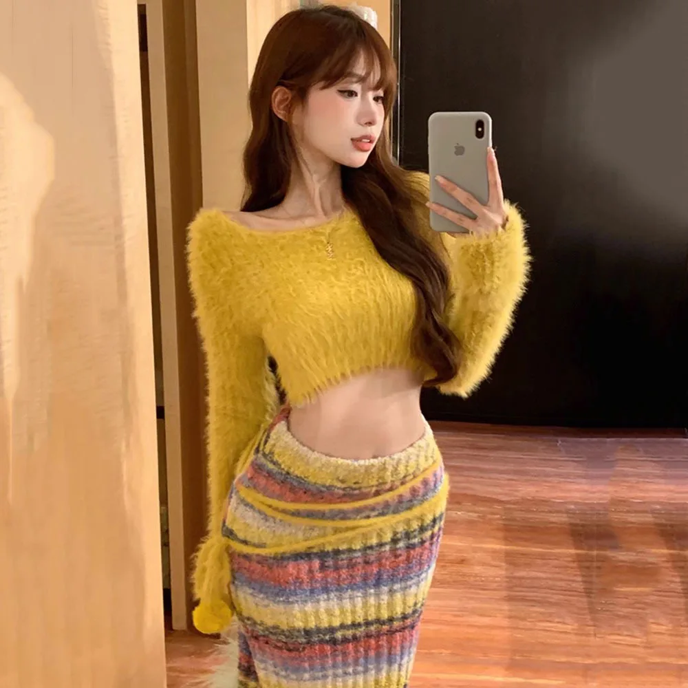 Autumn Winter Skirt Suit Women Bare Midriff Sweet Yellow Sweater + Furry Stripe Knit Long Skirts Crop Pullovers Tops 2 Piece Set