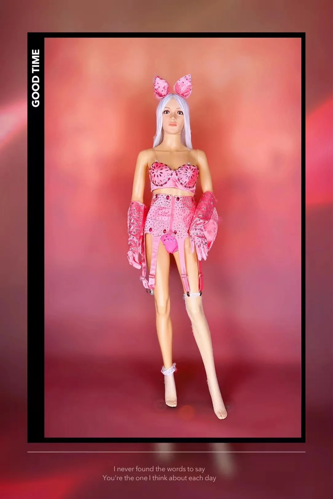 Sexy Pink Rhinestone Bikini Suit Pole Dance Costume Party Carnival Rave Outfit Nightclub Dancewear Drag Queen Costume VDB6406