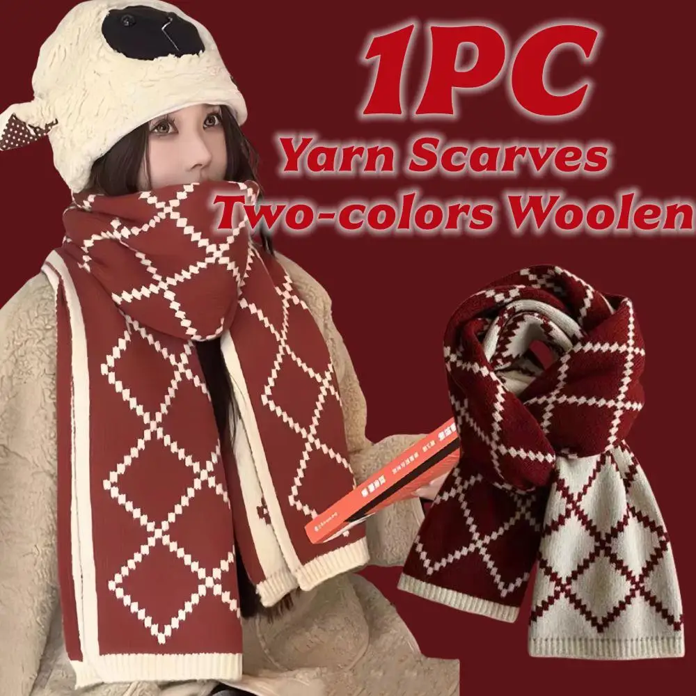 

Women's Couple Two-colors Woolen Winter Scarf Christmas Red Plaid Knitted Scarf Korean Wool Neck Warmer Casual Warm Soft Shawl
