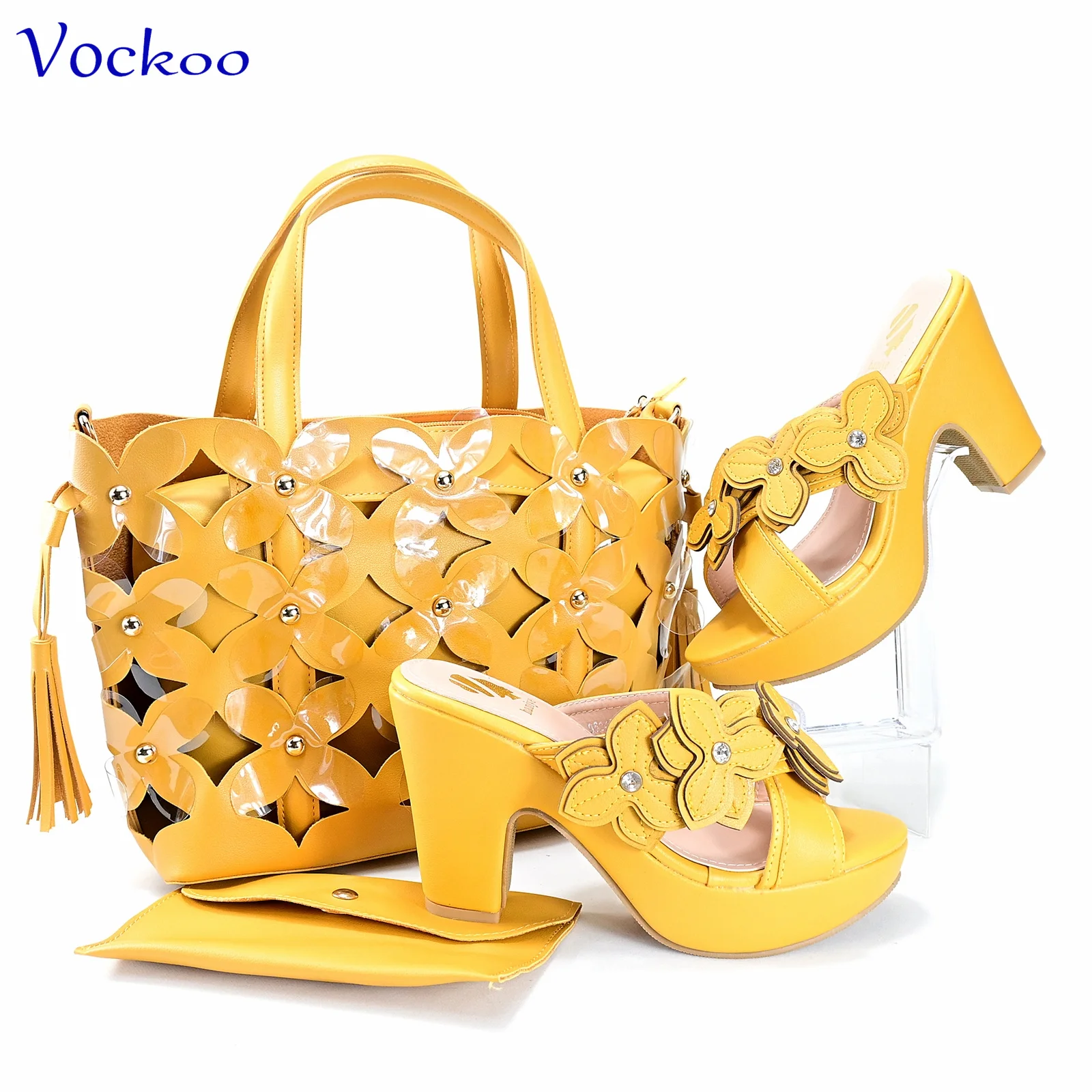 Novelty Style Special Italian Design African Women Shoes Matching Bag Set in Yellow Color with Platform for Garden Party