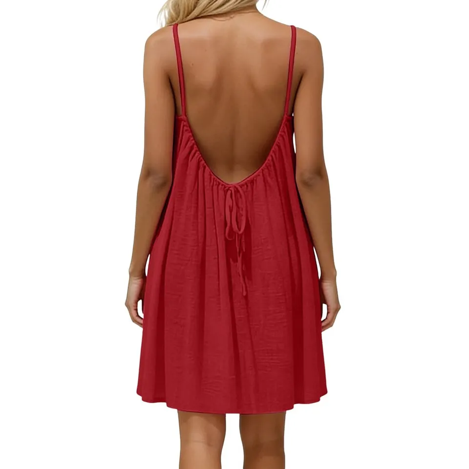 Vestido, estilo relajado de vacaciones europeo y americano, vibra elegante de espalda descubierta, nuevo para verano 2026, color sólido, tirantes finos, corte en A fluido