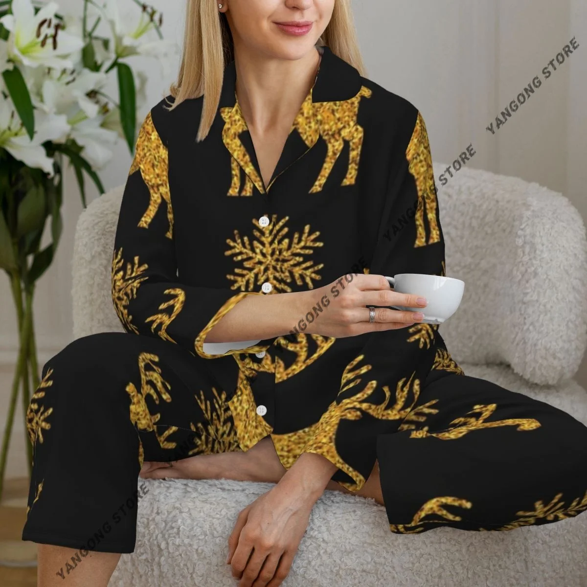 

Весенне-осенние брюки с длинными рукавами, пижамный комплект одежды для дома, женский свободный спальный костюм с оленем и снежинками