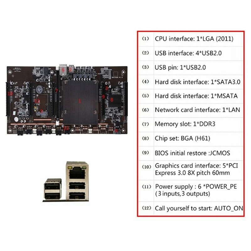 BTCX79 H61 Motherboard pertambangan dengan CPU E5 2620 V2 + kipas + kabel sakelar DDR3 mendukung 3060 3070 3080 kartu grafis untuk BTC