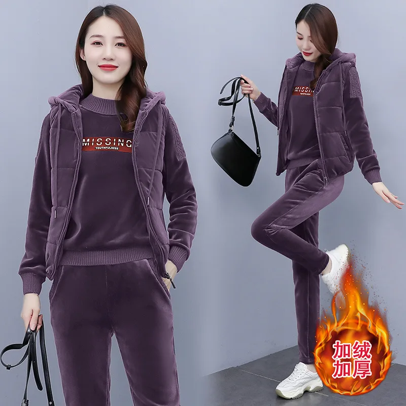 3pcs Winter Thick Velour Women Sport Suit Tracksuit Warm Loose Jacket Coat+shirt+pant Running Jogging Outfit Casual Athletic Set