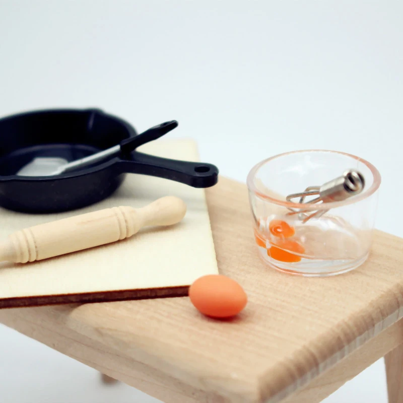 لعبة طعام مصغرة لبيت الدمى ، ملحقات مطبخ صغير ، دبوس دوّار ، مقلاة ، خفق بيض ، نموذج بيت الدمية ، مقياس ، 7 في كل مجموعة