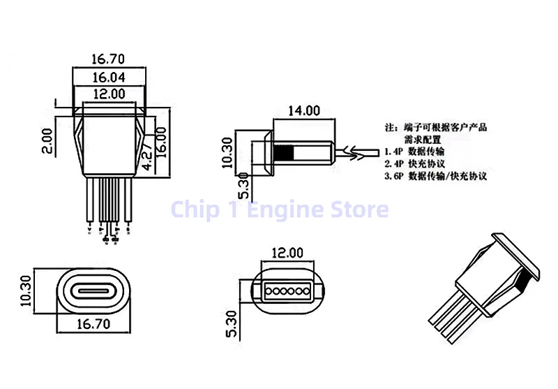 10 pçs 2pin usb tipo c entrada tipo tomada de carregamento com luzes led placa à prova dwaterproof água USB-C porta alimentação TYPE-C conector