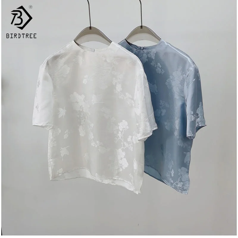 

Birdtree,18.6% Real Silk Jacquard Satin Blouse,Women's O-neck Tops,Short Sleeve,Chinese-style,2025 New Solid Pullover T5D411JF