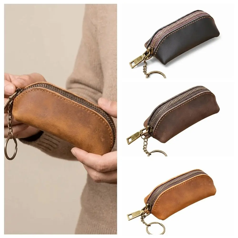 Portable Anti-lost Mini Leather Coin Purse Zipper Thin Men Key Ring Pouch Classic Solid Color Car Key Bag Shopping