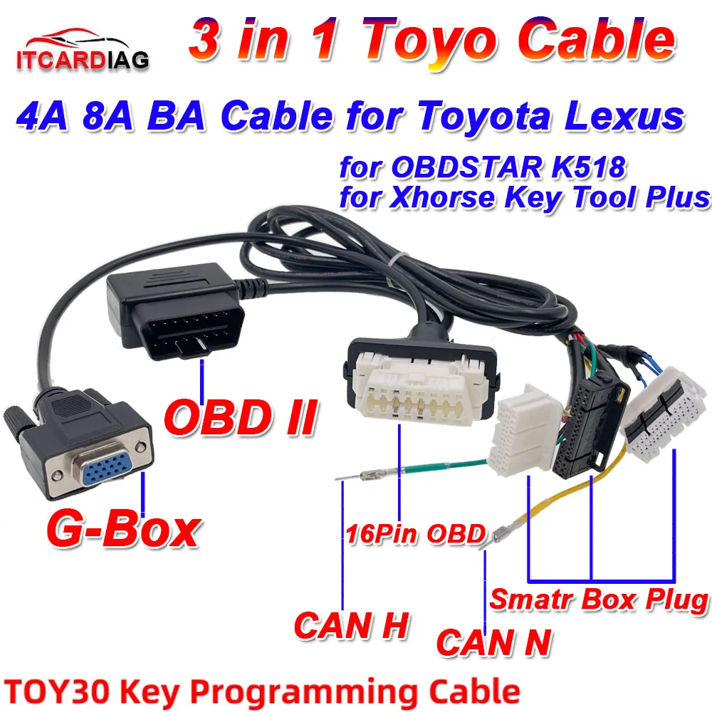 

Toyo 30 Cable 4A 8A BA 3in1 Connector Smart Key Cable 16pin OBD Cable for OBDSTAR K518 Xhorse Key Tool Plus for Toyota / Lexus